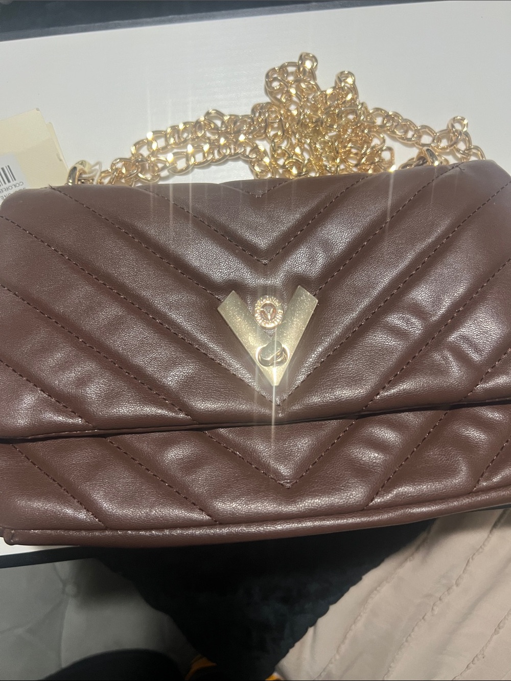 Valentino Orlandi Chocolate Chevron Quilted Crossbody with Gold Chain